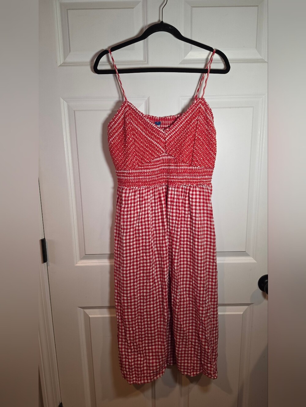 Old Navy Red And White Gingham Smocked Midi Dress With Pockets XL